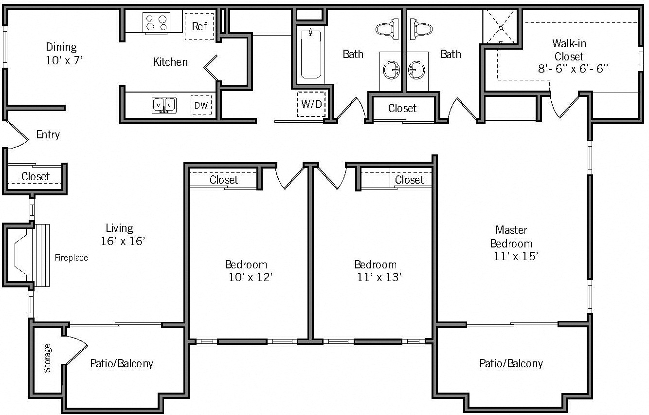 Floor plan for 3 beds, 2 baths, 1345 sqft